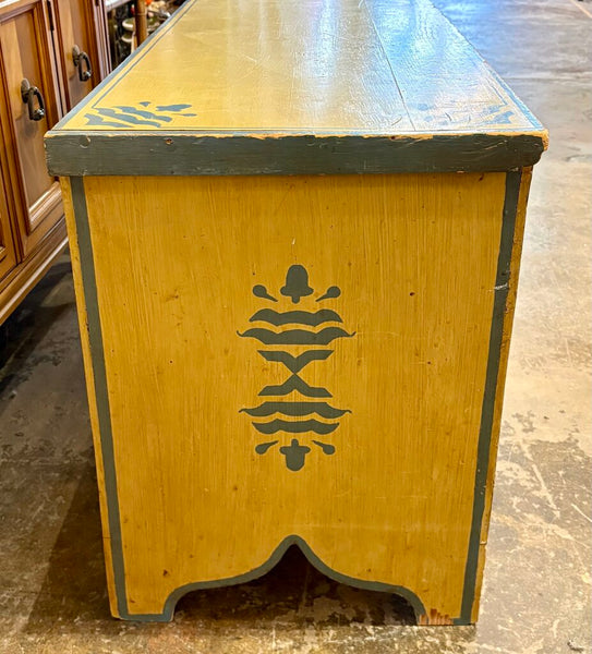 1970s HAND CRAFTED PAINTED WOOD STORAGE TRUNK CHEST WITH PRETTY PAPERED INTERIOR| 41.75"W x 22.5"H x 16.5"D