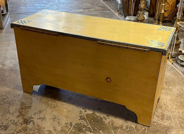 1970s HAND CRAFTED PAINTED WOOD STORAGE TRUNK CHEST WITH PRETTY PAPERED INTERIOR| 41.75"W x 22.5"H x 16.5"D