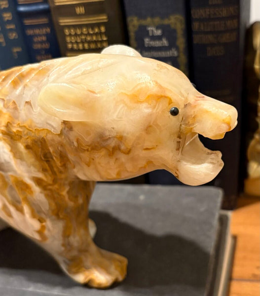 VINTAGE HAND CARVED ONXY BEAR STATUE | 9.5"W X 5.5"H