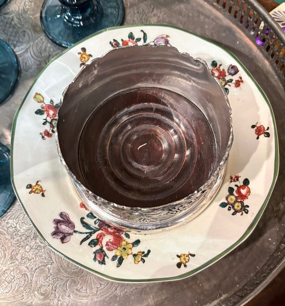 VINTAGE SILVER PLATE WINE COASTER WITH EMBOSSED GRAPES & LEAVES AND WOODEN BASE | 2.5"H X 4"W
