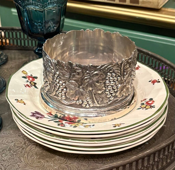 VINTAGE SILVER PLATE WINE COASTER WITH EMBOSSED GRAPES & LEAVES AND WOODEN BASE | 2.5"H X 4"W