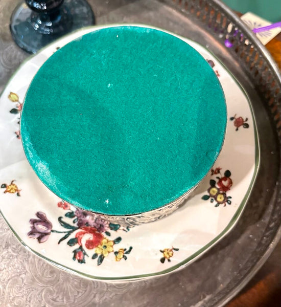 VINTAGE SILVER PLATE WINE COASTER WITH EMBOSSED GRAPES & LEAVES AND WOODEN BASE | 2.5"H X 4"W