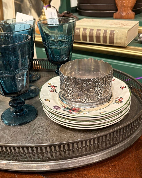 VINTAGE SILVER PLATE WINE COASTER WITH EMBOSSED GRAPES & LEAVES AND WOODEN BASE | 2.5"H X 4"W