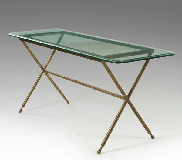 Vintage Brass base console table desk 64x20x28T
