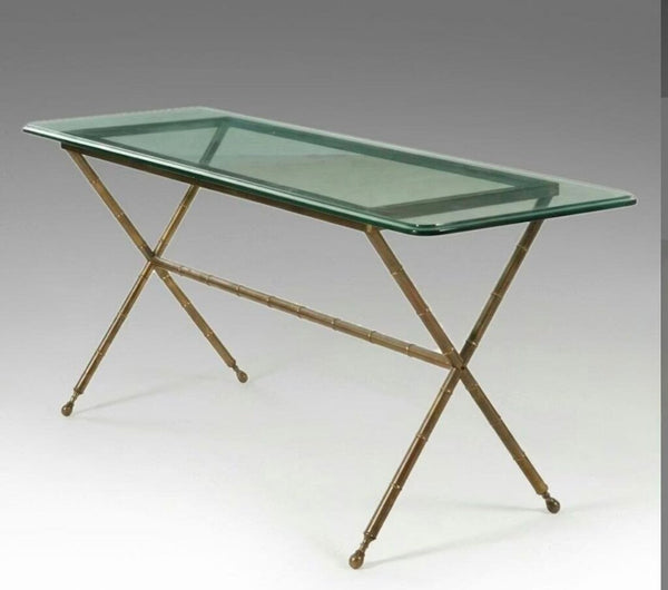 Vintage Brass base console table desk 64x20x28T