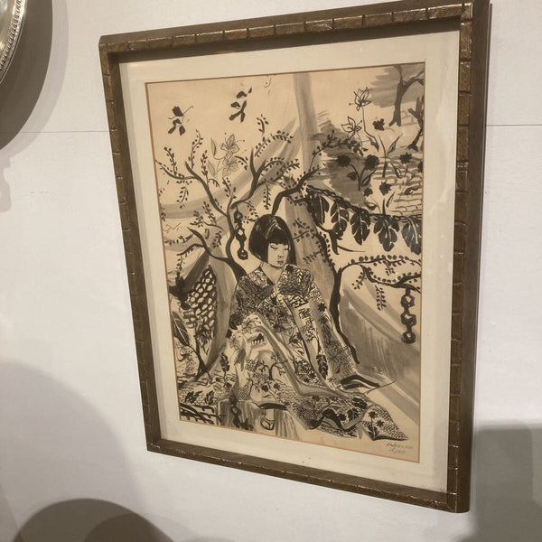 Mid century framed Asian lady watercolor 2/67