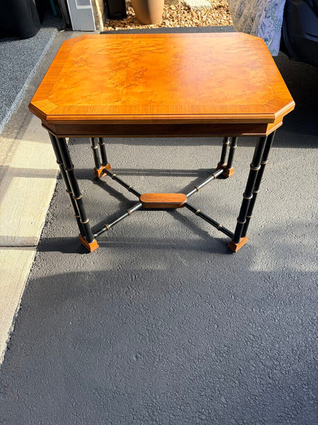 John Widdicomb vintage 1970s ebonized faux bamboo and burlwood side table approx 25t x29x22 for pick up only