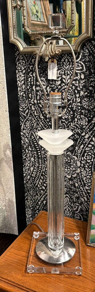BAUER REEDED GLASS VINTAGE LAMP W/LUCITE & CHROME BASE & ACRYLIC ACCENT -EACH | 21"H (SOCKET) 27.5"H (FINIAL) X 6.5"W