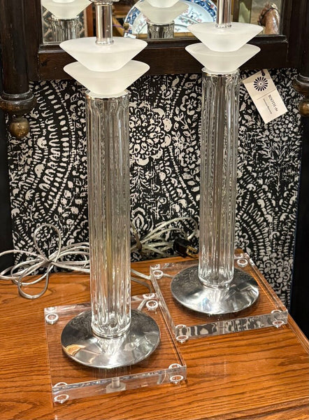 BAUER REEDED GLASS VINTAGE LAMP W/LUCITE & CHROME BASE & ACRYLIC ACCENT -EACH | 21"H (SOCKET) 27.5"H (FINIAL) X 6.5"W