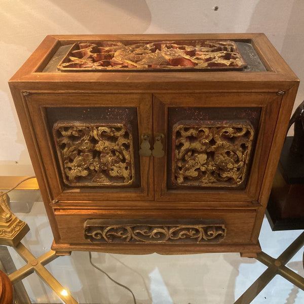 Vintage Chinese wood jewelry cabinet w/ 19th century carving