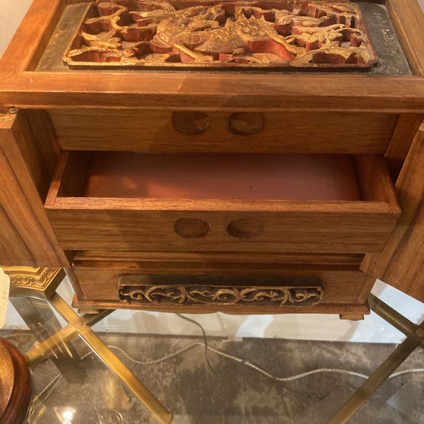 Vintage Chinese wood jewelry cabinet w/ 19th century carving