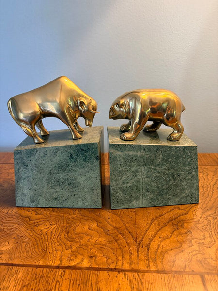 Vintage brass and marble bull and bear (stock market) pair of bookends