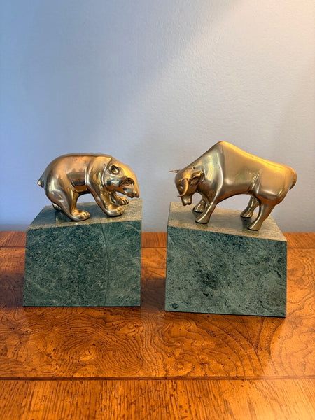 Vintage brass and marble bull and bear (stock market) pair of bookends