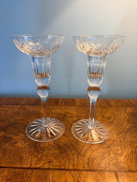 Pair of tall 8 3/8 cut glass candleholders -Poland
