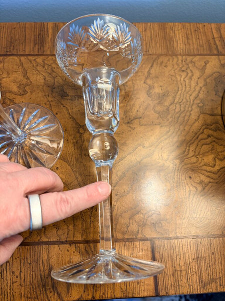 Pair of tall 8 3/8 cut glass candleholders -Poland