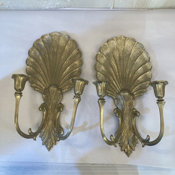Pair vintage solid brass shell candle sconces 14" h x 8" w