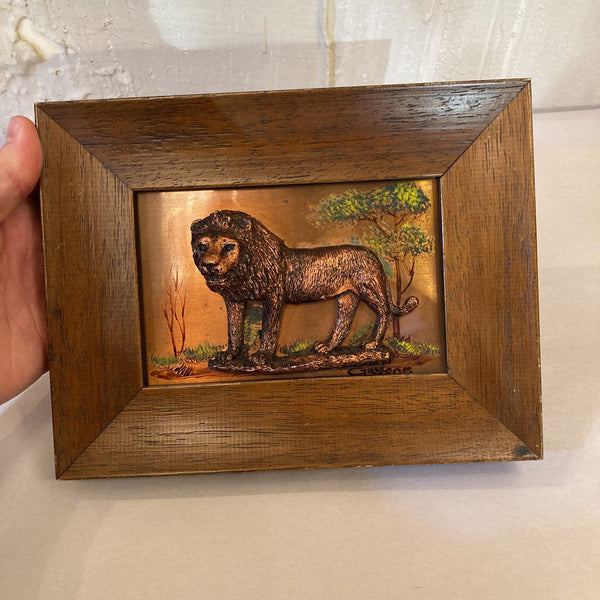 Vintage signed copper lion art 7" x 9"