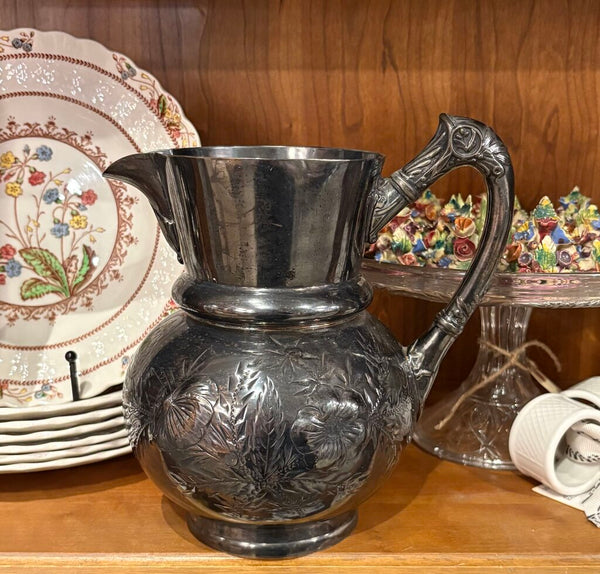 ANTIQUE OSBORN & CO ORNATE ETCHED QUADRUPLE PLATE SILVER PITCHER | 8"H X 8"W