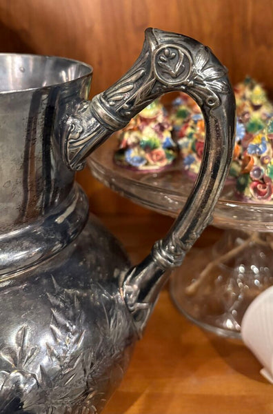 ANTIQUE OSBORN & CO ORNATE ETCHED QUADRUPLE PLATE SILVER PITCHER | 8"H X 8"W