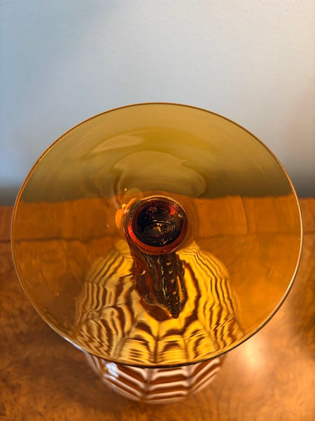 Vintage Amber Empoli glass cover jar with rare cameo stem and white draping. Classic circus tent top a truly impressive piece at nearly 16in tall! Pick up only