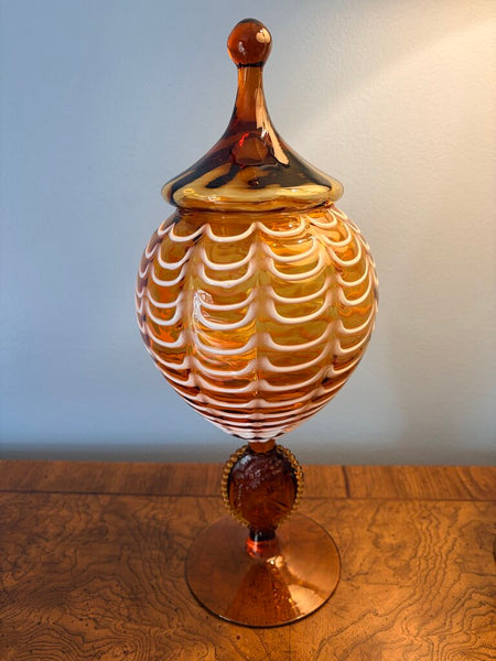 Vintage Amber Empoli glass cover jar with rare cameo stem and white draping. Classic circus tent top a truly impressive piece at nearly 16in tall! Pick up only