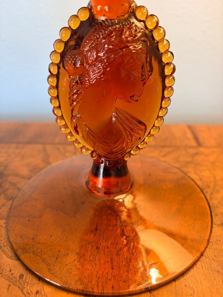 Vintage Amber Empoli glass cover jar with rare cameo stem and white draping. Classic circus tent top a truly impressive piece at nearly 16in tall! Pick up only