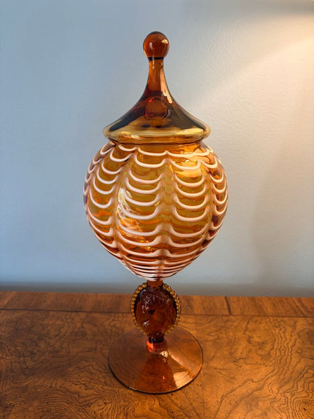 Vintage Amber Empoli glass cover jar with rare cameo stem and white draping. Classic circus tent top a truly impressive piece at nearly 16in tall! Pick up only