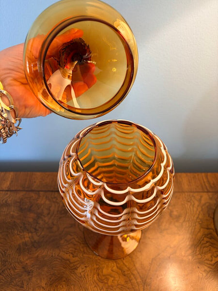 Vintage Amber Empoli glass cover jar with rare cameo stem and white draping. Classic circus tent top a truly impressive piece at nearly 16in tall! Pick up only