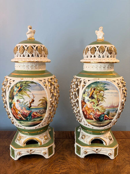 Matching pair Italian mid century Hollywood Regency style urns approx 15.5x7
