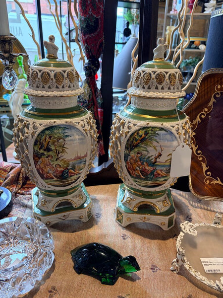 Matching pair Italian mid century Hollywood Regency style urns approx 15.5x7