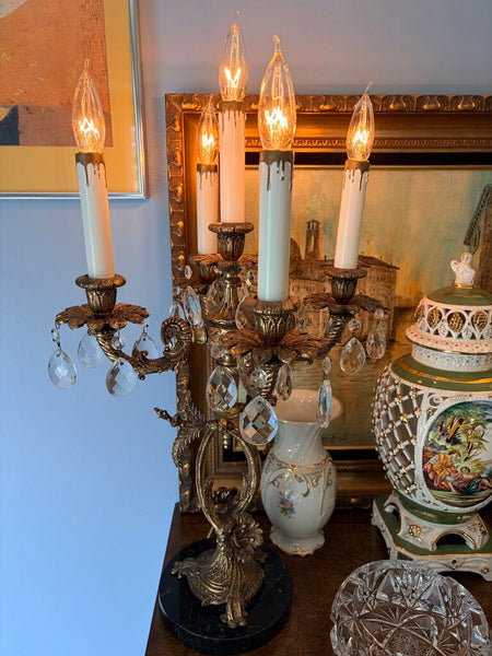 Fabulous Hollywood Regency 5 light ornate electric candlabra with prisms approx 24t
