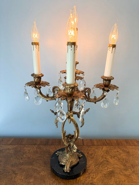 Fabulous Hollywood Regency 5 light ornate electric candlabra with prisms approx 24t