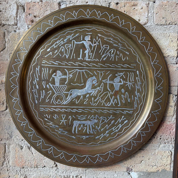 Vintage Egyptian motif heavy brass plate/tray approx 16in