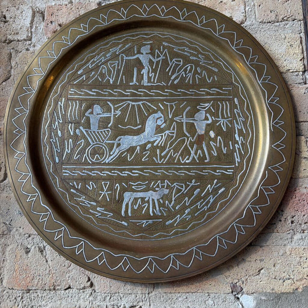 Vintage Egyptian motif heavy brass plate/tray approx 16in