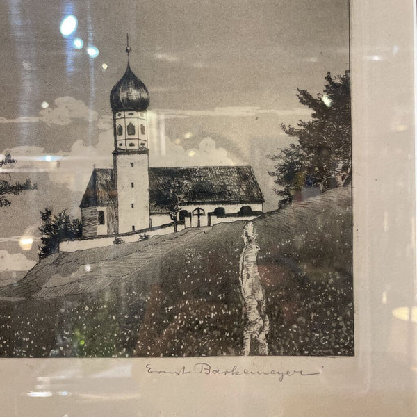 Scenic Bavarian Chapel Etching by Ernst Barkemeyer Titled "Bayerisches Kirchlein" Early 20th Century -- Framed and Matted 18"x21"