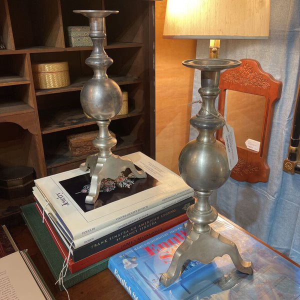 Vintage HEAVY Nickel Tone Maitland Smith Pair of Candle Sticks 14" Tall