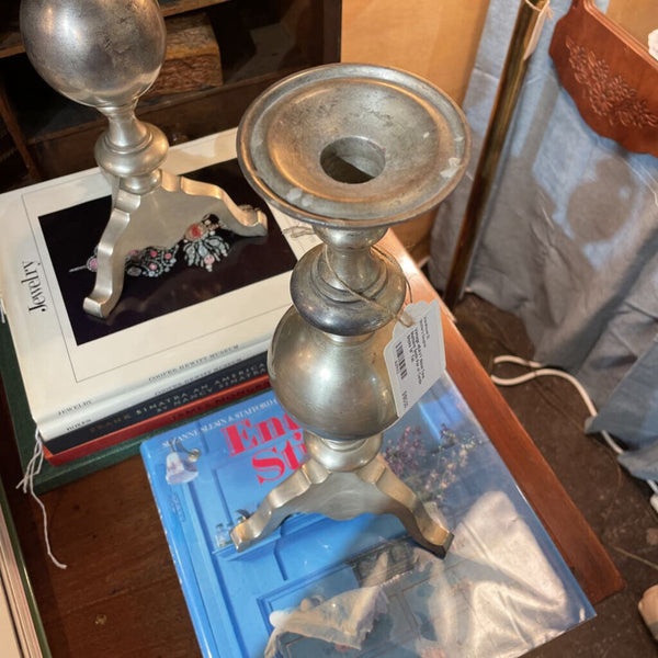 Vintage HEAVY Nickel Tone Maitland Smith Pair of Candle Sticks 14" Tall