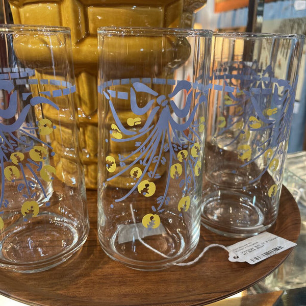 Vintage Set of 6 Drinking Glasses w/ Blue Bow
