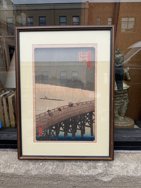 Vintage Japanese Rain Scene After Hiroshige Framed Ukiyo-e Style Print 18 x 22