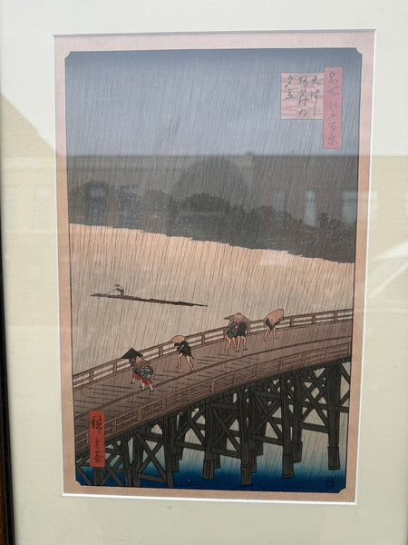 Vintage Japanese Rain Scene After Hiroshige Framed Ukiyo-e Style Print 18 x 22