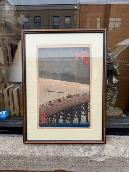 Vintage Japanese Rain Scene After Hiroshige Framed Ukiyo-e Style Print 18 x 22