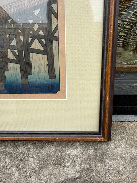 Vintage Japanese Rain Scene After Hiroshige Framed Ukiyo-e Style Print 18 x 22