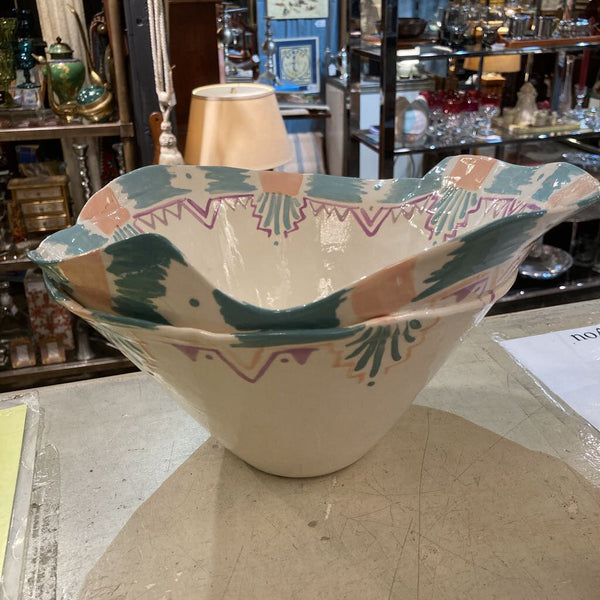 Vintage signed pastel art pottery bowl 10" x 12"