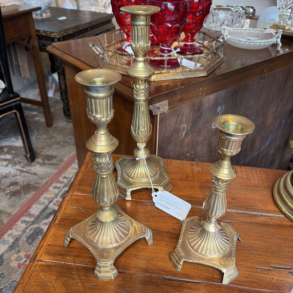 Set of 3 brass graduated size vintage candleholders 12,10.5 & 8.5 inch