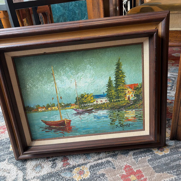 Mid Century Modern impressionistic sailboat Italian scenic by S Cioffi 18.5x22.5 approx-oil on canvas 1960s