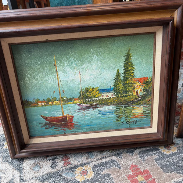 Mid Century Modern impressionistic sailboat Italian scenic by S Cioffi 18.5x22.5 approx-oil on canvas 1960s