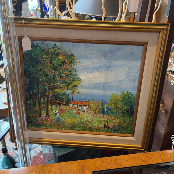 Fabulous mid century oil on canvas by impressionist Clermont Ferrand a well known French artist. A gorgeous scene of girls in a field of flowers, near our house by the lake, striking color and content. Approx 32x28 for pick up only