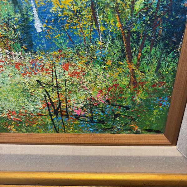 Fabulous mid century oil on canvas by impressionist Clermont Ferrand a well known French artist. A gorgeous scene of girls in a field of flowers, near our house by the lake, striking color and content. Approx 32x28 for pick up only
