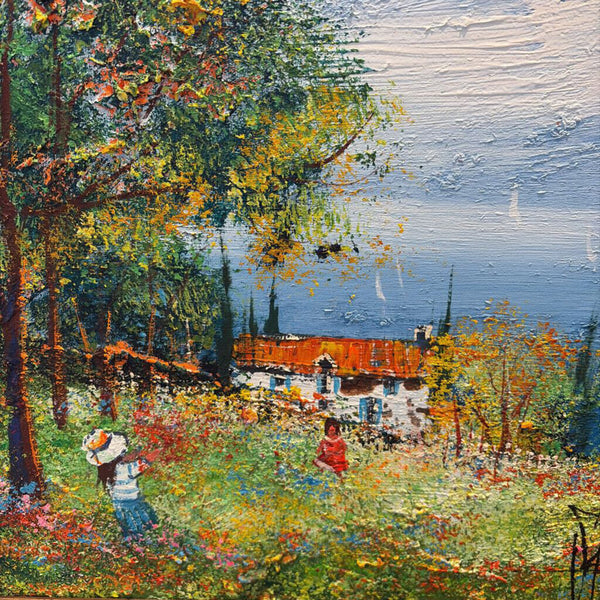Fabulous mid century oil on canvas by impressionist Clermont Ferrand a well known French artist. A gorgeous scene of girls in a field of flowers, near our house by the lake, striking color and content. Approx 32x28 for pick up only