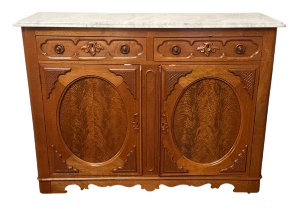VINTAGE VICTORIAN FLAMED MAHOGANY AND MARBLE TOP SERVER 42.5H 56.5W 19D IN STORE PICK UP ONLY